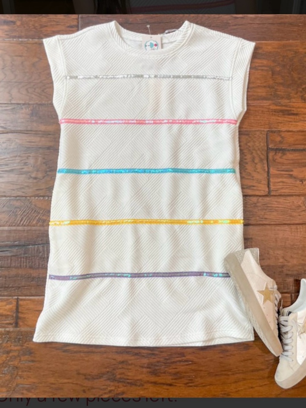 Entro White Textured Shift Dress with Pastel Sequin Stripe Accents - Picture 4 of 7